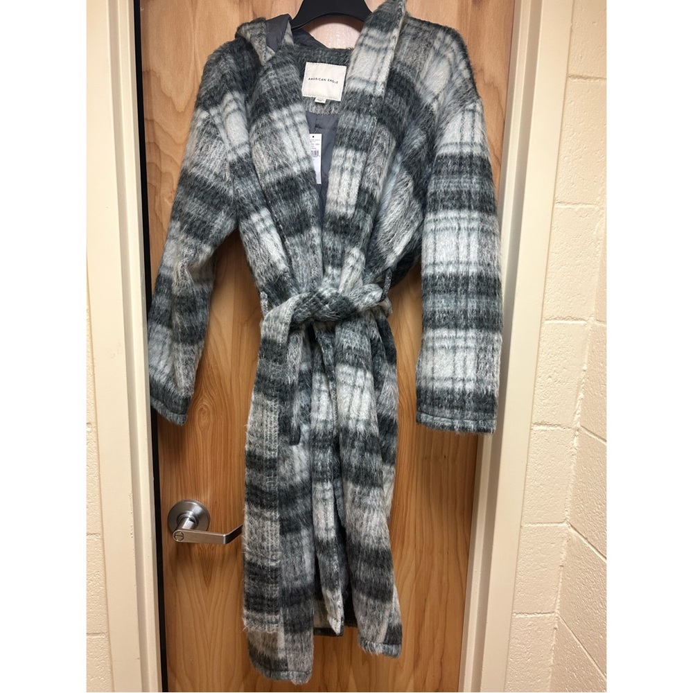 NWT American Eagle gray plaid wrap coat with hood